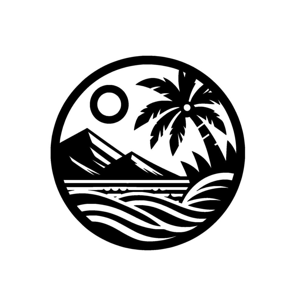 Black and white circular of a tropical island scene. Includes mountains, sun, palm tree, water, all in minimalist silhouette style. vector