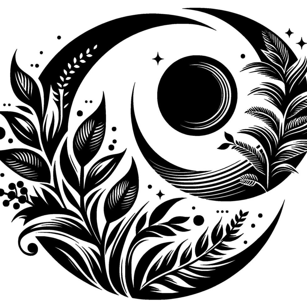 Abstract botanical with stylized foliage, crescent moons, and celestial elements in a black and white circular composition. vector