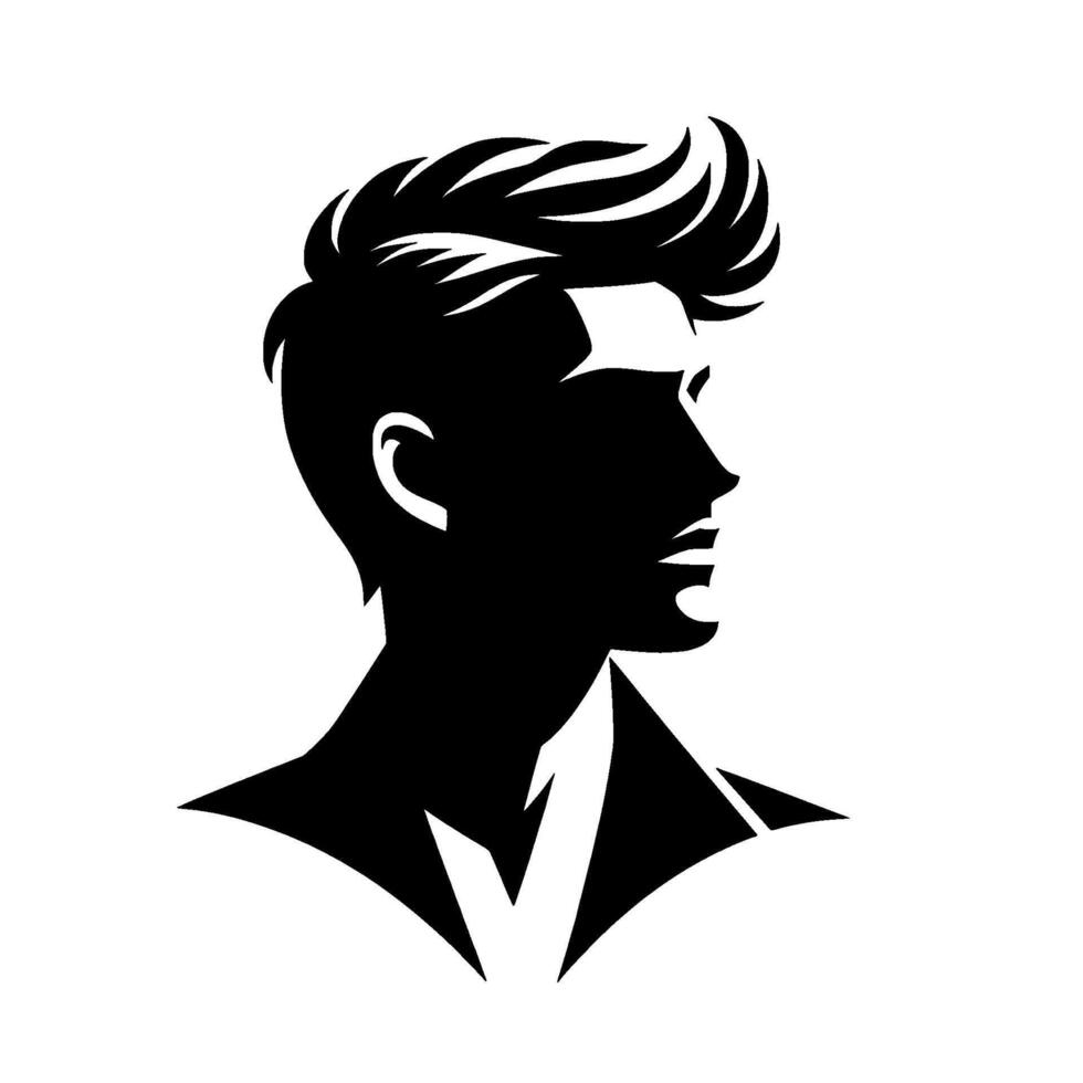 Silhouette of a stylish man with a modern pompadour hairstyle, facing right, wearing a blazer, rendered in stark black and white. vector