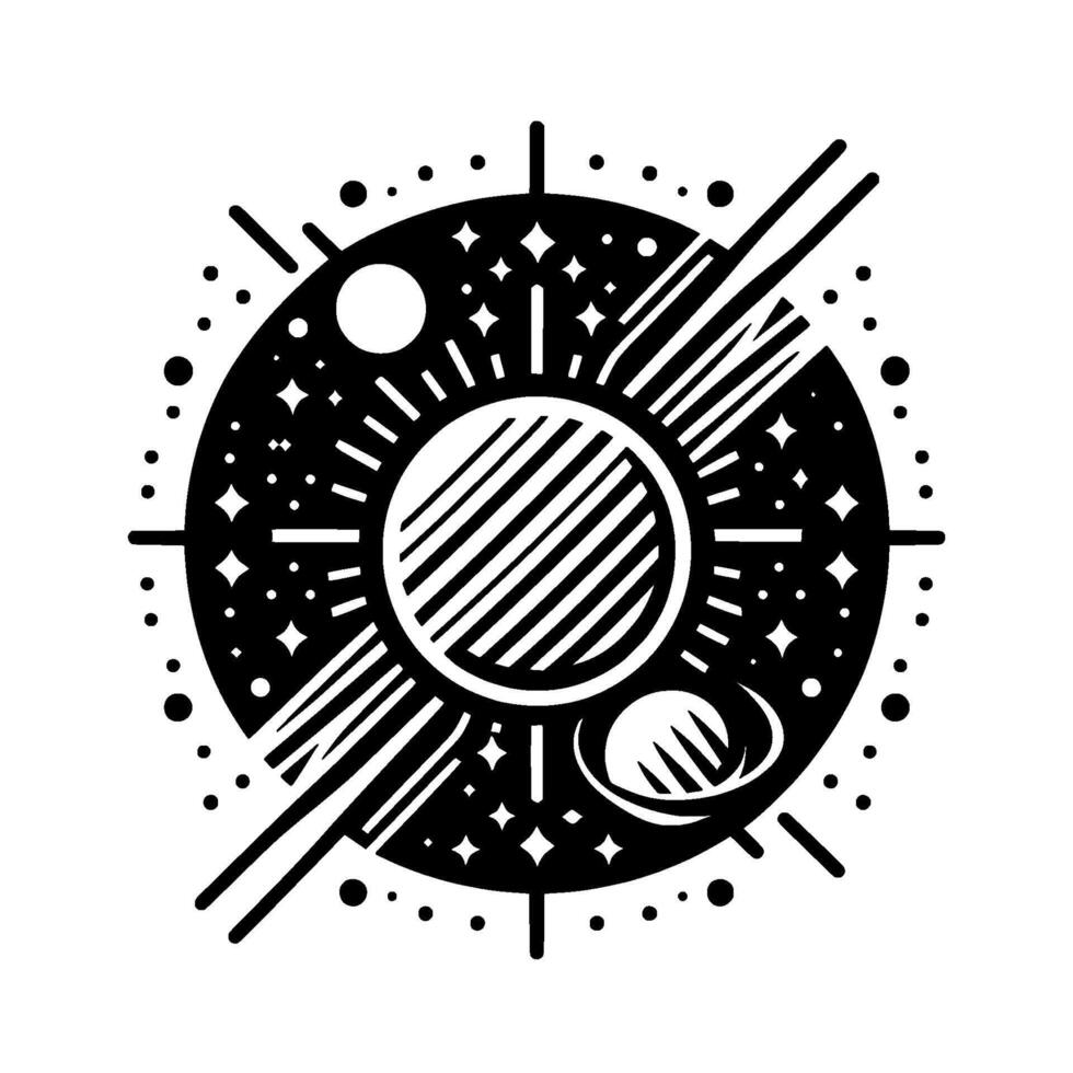 Monochrome stylized cosmic emblem featuring a central sunlike orb with radiating lines, celestial bodies, and stardust within a circular frame, all presented in a minimalist, design. vector