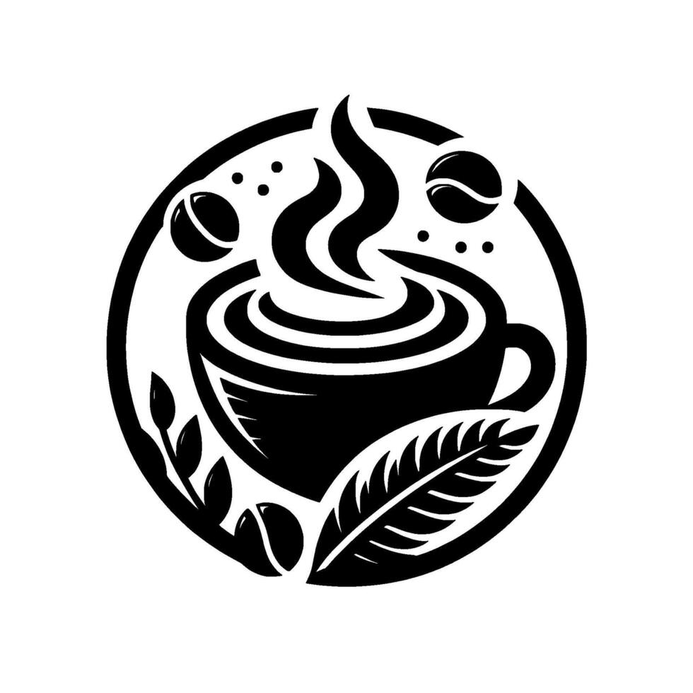 A stylized, black and white coffee featuring a steaming mug encircled by coffee beans, leaves, and a bold circular frame, evoking warmth. vector
