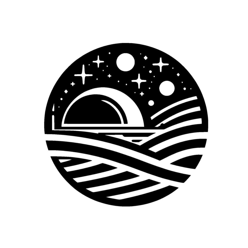 Black and White Minimalist Circular Illustration of a Landscape at Night with Sun, Stars, and Waves. vector