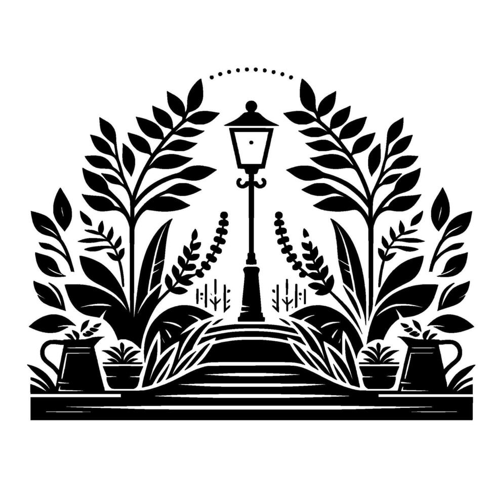 Black White Botanical Scene Lantern Flora Arch, Featuring Plants in Pots, Elegant Landscape Design. vector