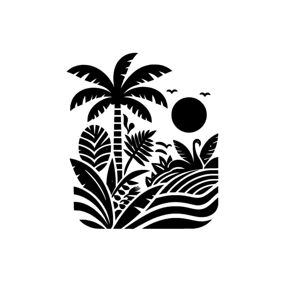 Black and white minimalist tropical island scene with palm tree, lush foliage, swan and birds under the sun. vector