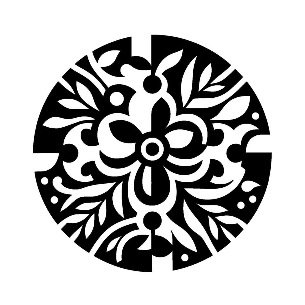 Symmetrical Black White Floral Pattern in a Circle, featuring Leaves, Flowers and Circles, Isolated on White. vector
