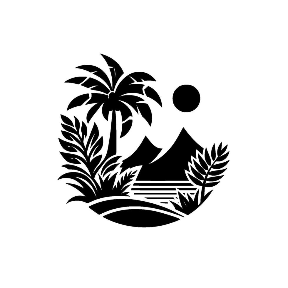 Black and White Tropical Island Silhouette Palm Tree, Mountains, Sun, and Lush Vegetation in a Circular Composition. vector