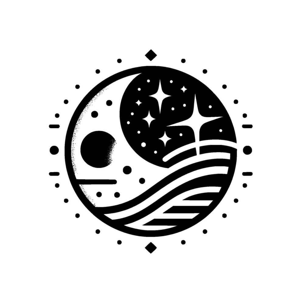 Celestial Harmony A black and white minimalist emblem depicting the moon, stars, and ocean waves, set within a circular frame embellished with geometric accents. vector
