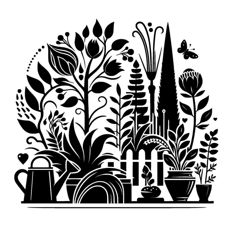Elegant Black and White Botanical Garden Scene Diverse Plants, Watering Can, Butterfly, Artistic Composition. vector
