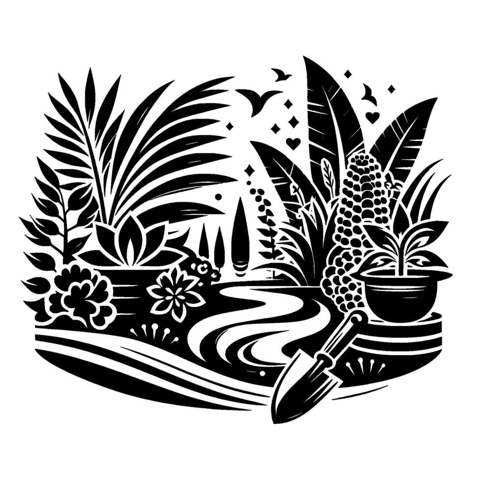 Black and White Garden Illustration Lush greenery, diverse plants, flowing path, potting tool, and stylized elements. vector