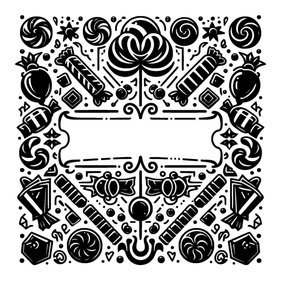 Black White Candy Illustration Circular, symmetrical with various sweets lollipops, candies, chocolates framing a central, blank space. vector
