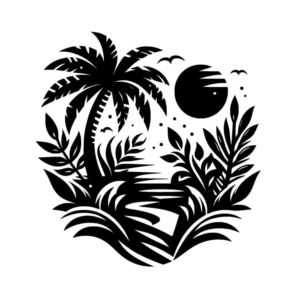 Minimalist black and white tropical paradise scene palm tree, sun, birds, and lush vegetation, enclosed in a circular composition. vector
