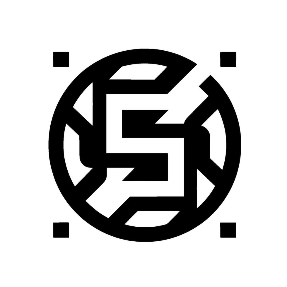 Geometric Abstract Design A Black and White Emblem Featuring a Stylized S in a Circle with Corner Squares. vector