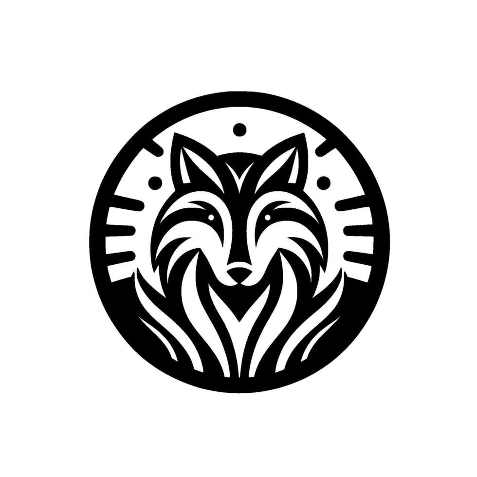 Black and white circular illustration of a stylized fox head, featuring minimalist elements, geometric shapes, and a modern aesthetic. vector