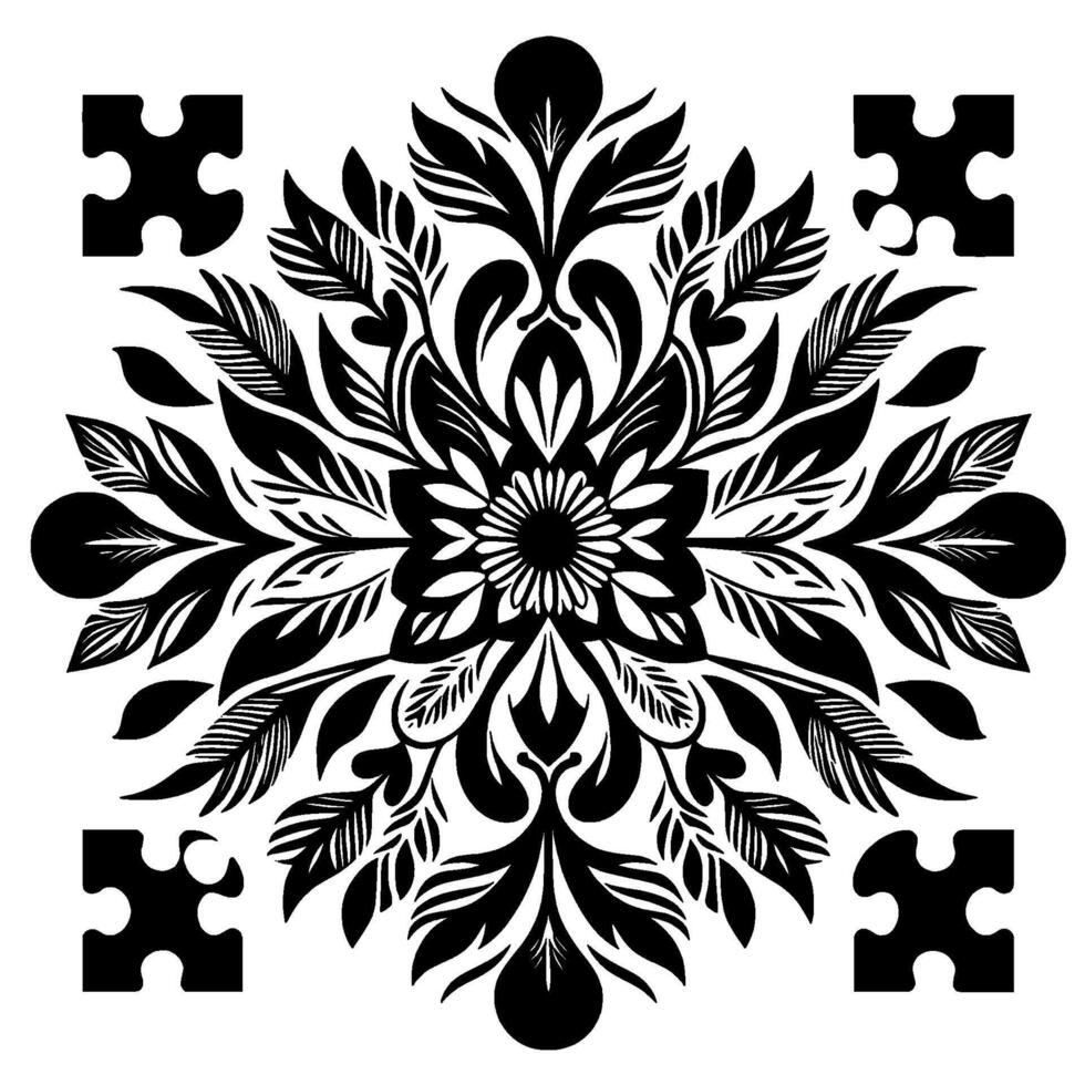 Symmetrical, monochrome, floral mandala with puzzlepiece accents, creating a balanced and elegant composition on a white background. vector