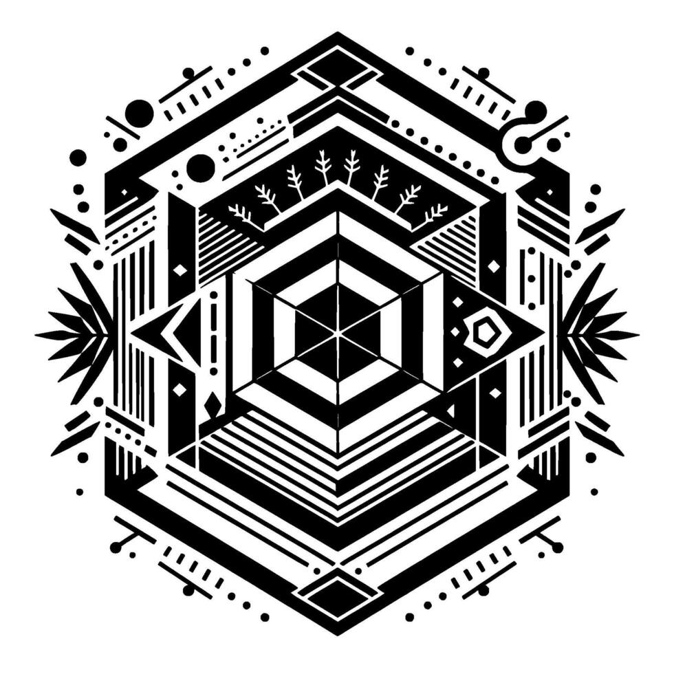 Geometric Hexagonal Mandala with Abstract Black and White Pattern Featuring Lines, Shapes, and Nature Motifs. vector