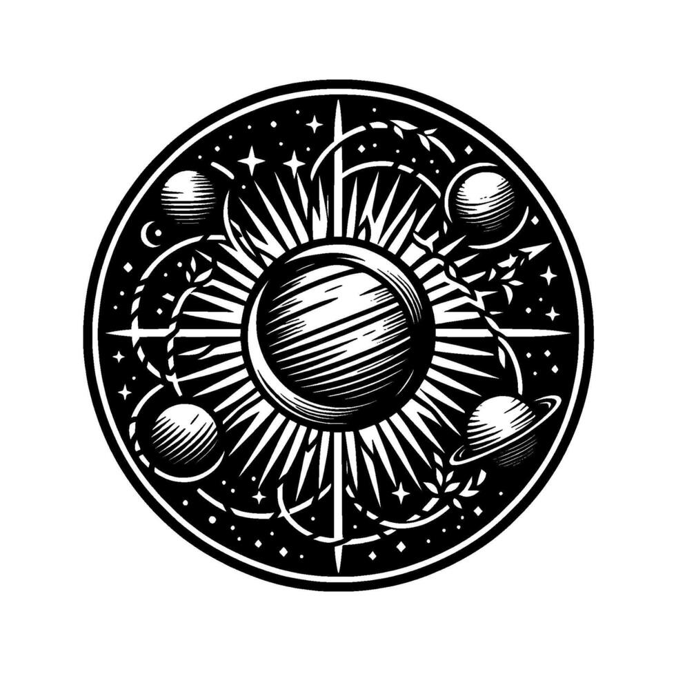Celestial Mandala A cosmic black and white circular featuring a central sun surrounded by orbiting planets, stars, and elegant botanical accents. vector