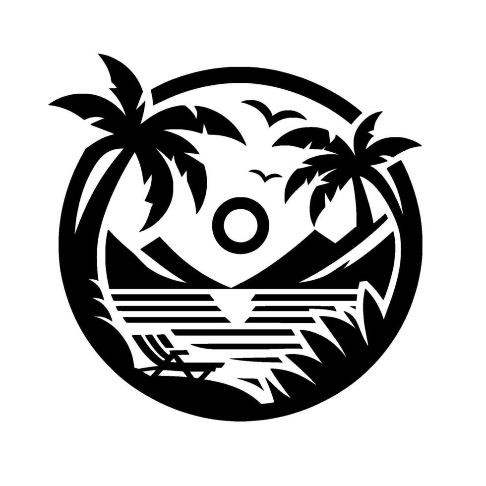 Black and White Circular Illustration of a Tropical Beach Scene with Palm Trees, Mountains, Birds, Sun, and a Lounge Chair by the Water. vector