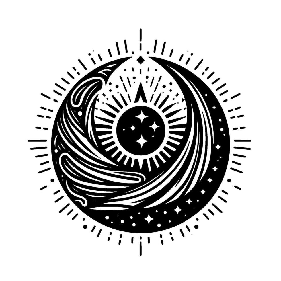 Celestial Harmony Symbolic Black White Illustration Depicting Moon Stars Embracing Radiating Sun in Circular Design. vector
