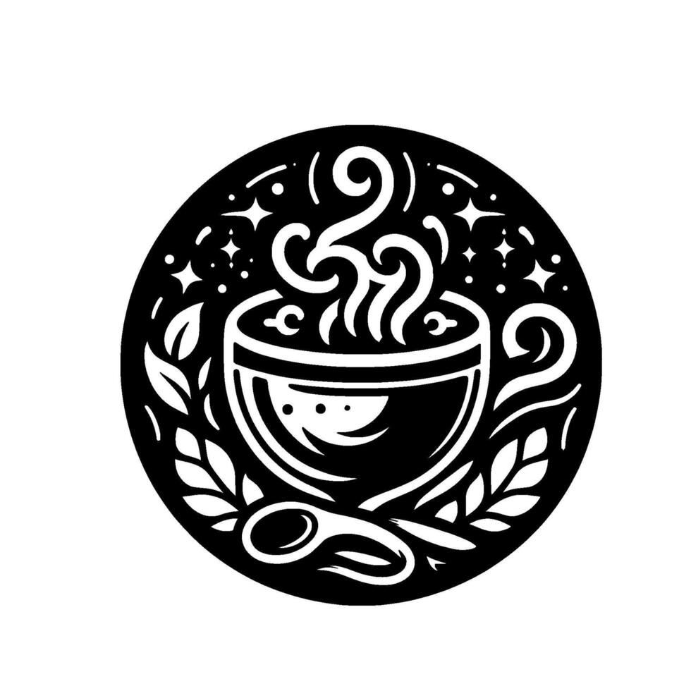 Circular Black and White Illustration of Steaming Coffee Cup with Starry Sky and Leafy Accents, a cozy and inviting design. vector