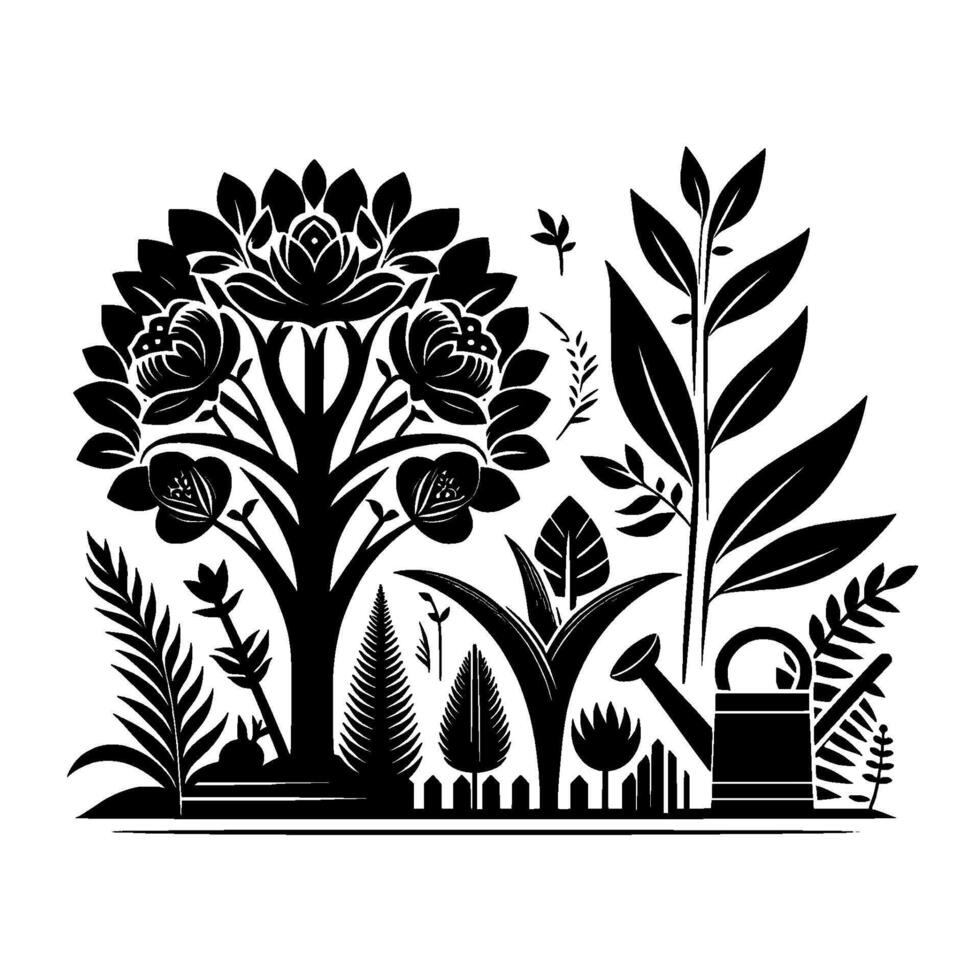 Elegant Black and White Garden Illustration Featuring Detailed Tree with Flowers, Foliage, Watering Can, and Fence, Showcasing Floral and Botanical Elements vector