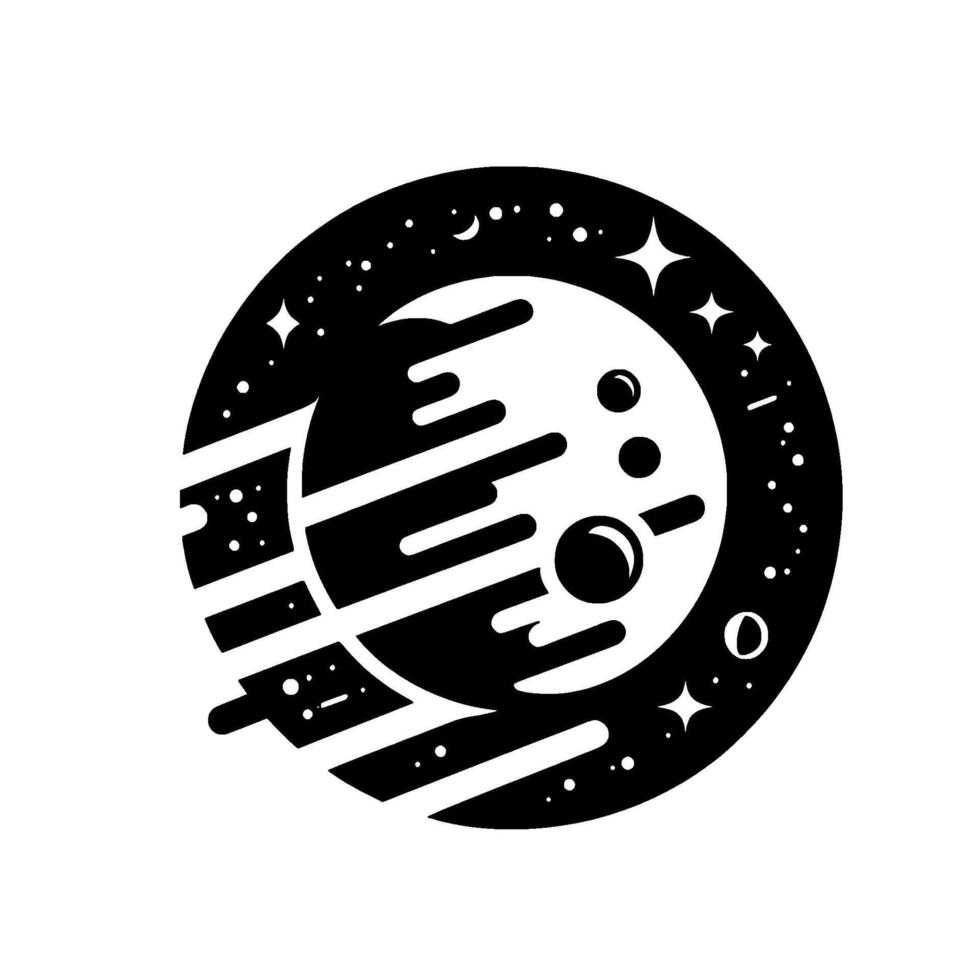 Black and White Celestial Icon A stylized planet encircled by stars and cosmic streaks, suggesting space exploration. vector