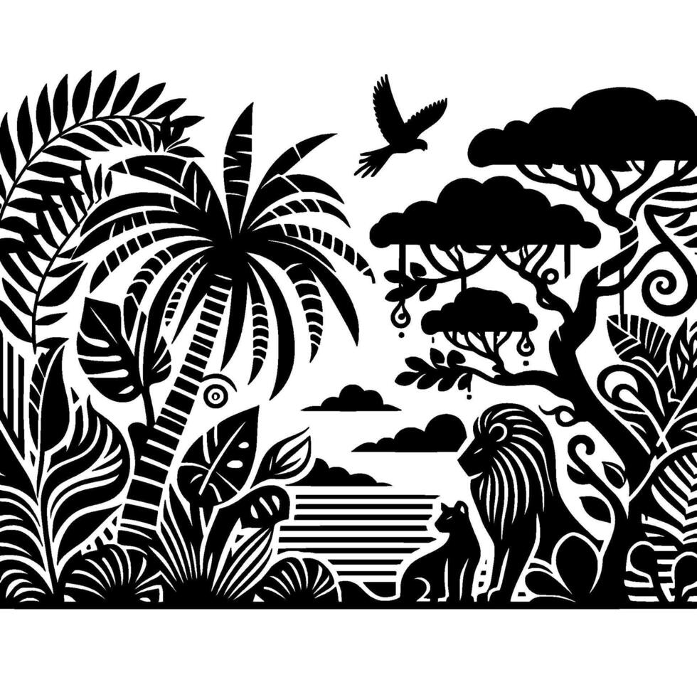 Stylized Black and White Illustration A Jungle Scene Featuring a Lion, Lioness, Palm Tree, Tropical Foliage, and a Flying Bird. vector