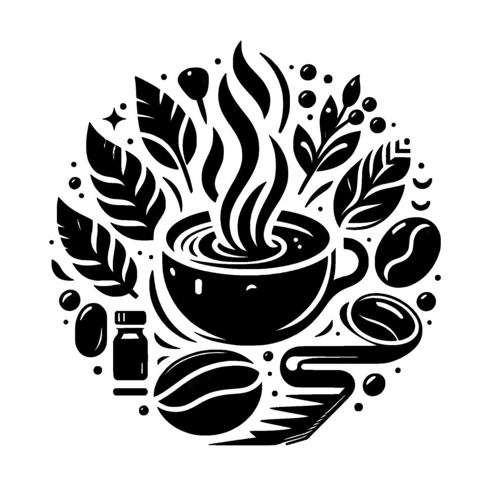 A stylized black and white circular illustration of a steaming coffee cup, beans, leaves, and a spoon, creating a harmonious on a white background. vector