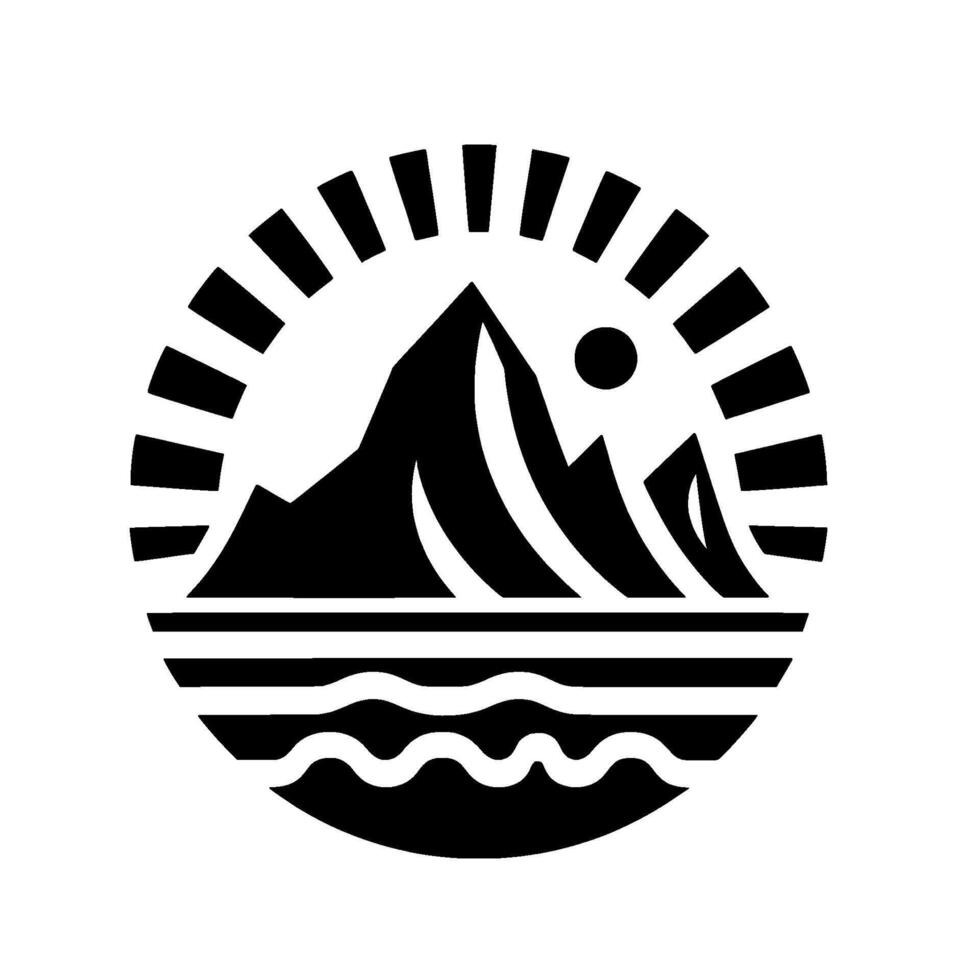 Bold Monochrome Emblem Mountains, Sun, and Waves Within a Circle, Representing Natures Majesty. vector