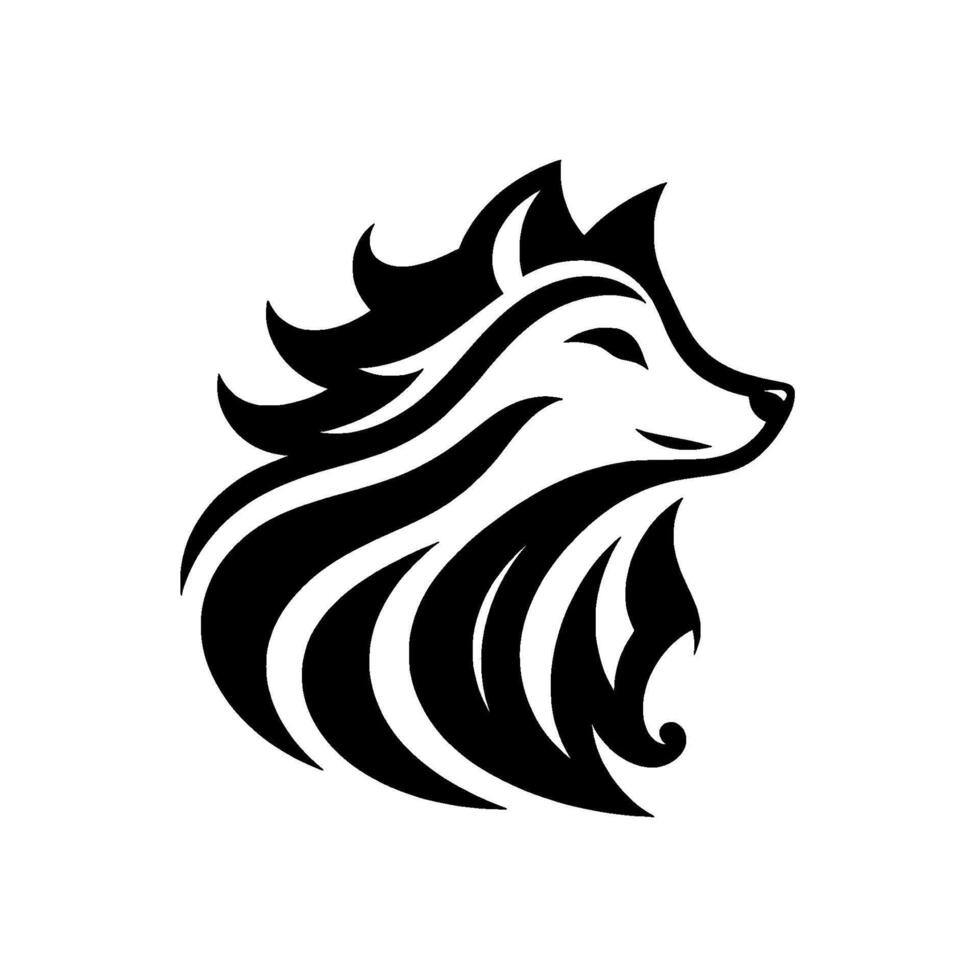 Stylized Black and White Wolf Head Silhouette with Flowing Mane, Smiling, and Isolated on White, Perfect for Logos. vector