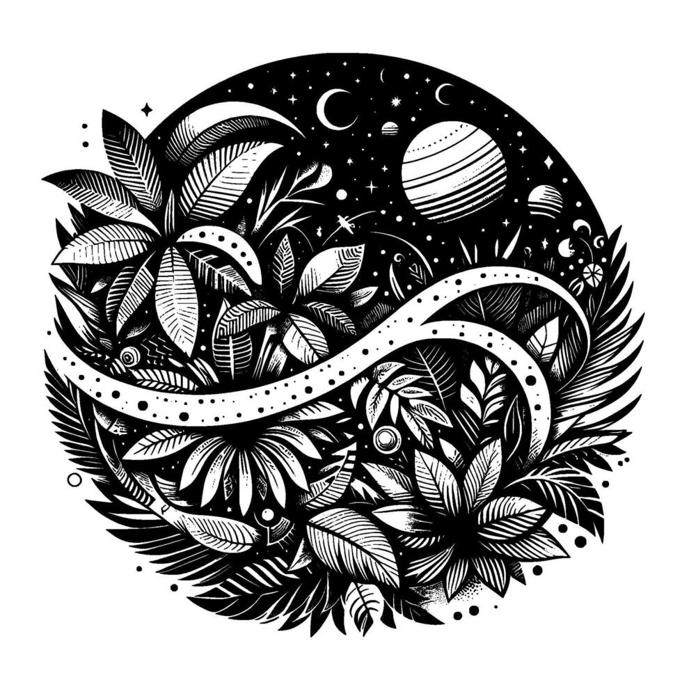 Intricate black and white illustration of a celestial garden, depicting flora and fauna under a night sky with planets and moons, within a circular design. vector