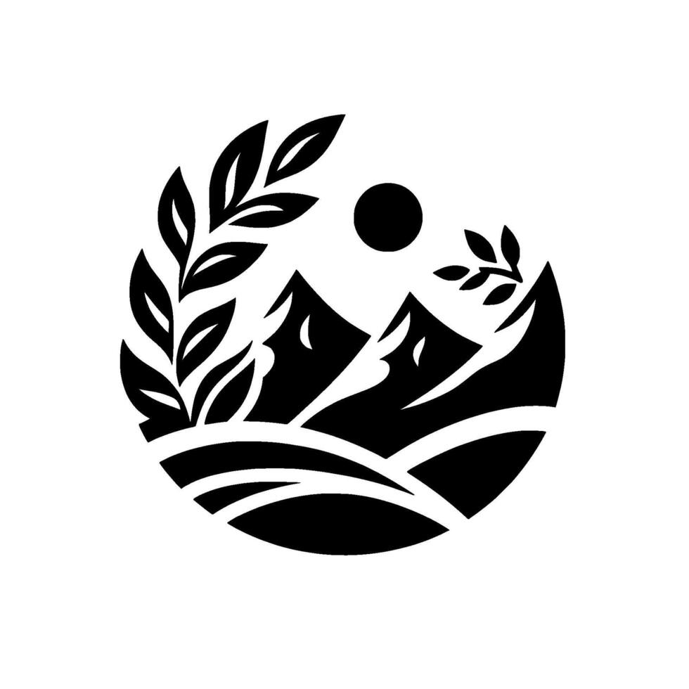A monochromatic depicting a landscape within a circle, featuring stylized mountains, a sun, and leafy branches. vector