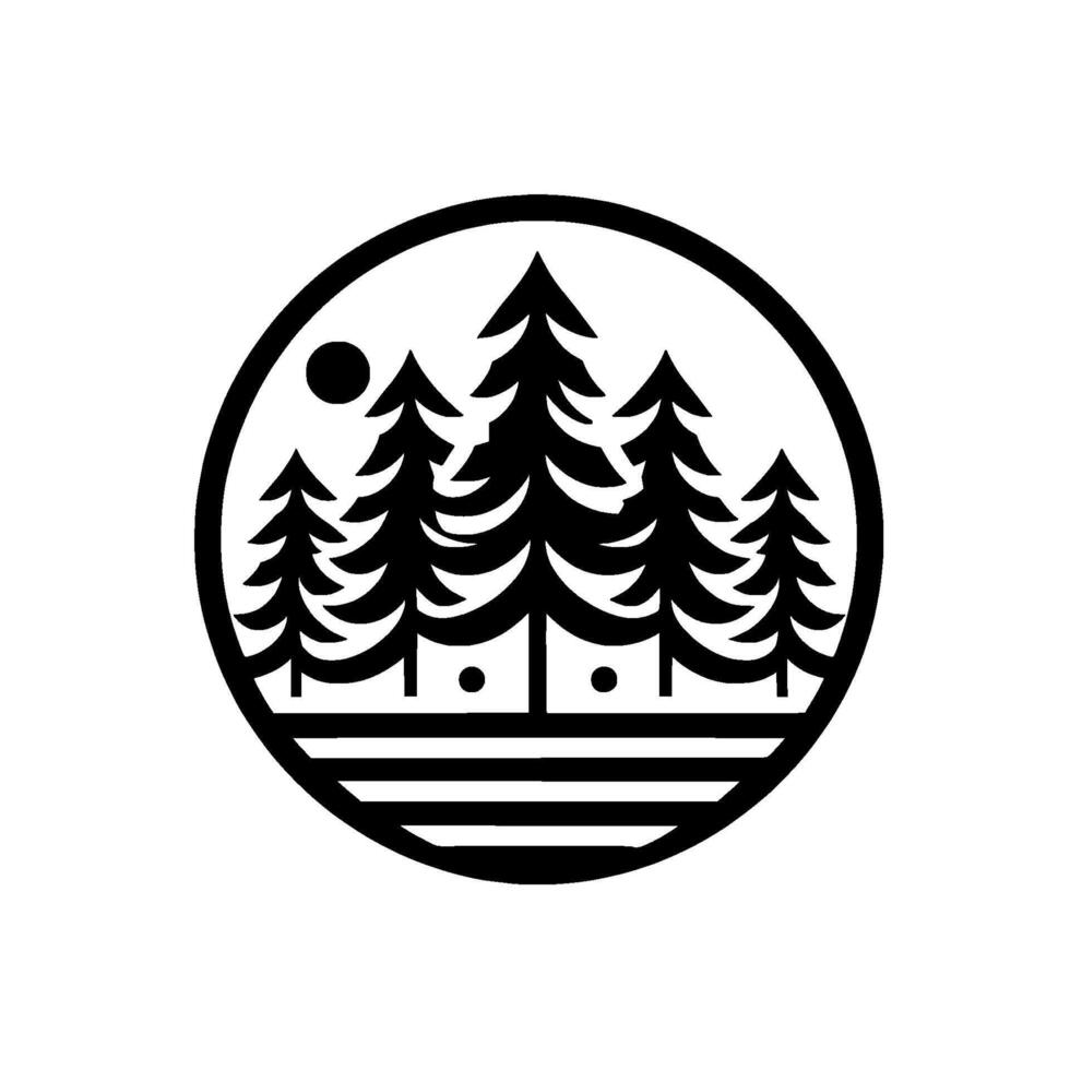 A minimalist black and white circular featuring stylized pine trees, sun, and a striped water or ground line, representing a serene forest landscape. vector