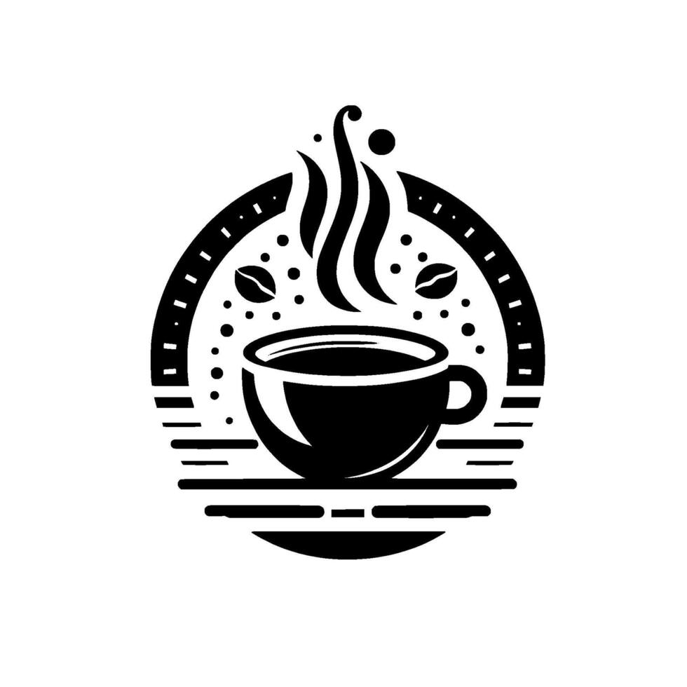 Stylized black and white coffee featuring a steaming cup, coffee beans, and dotted circular design. vector