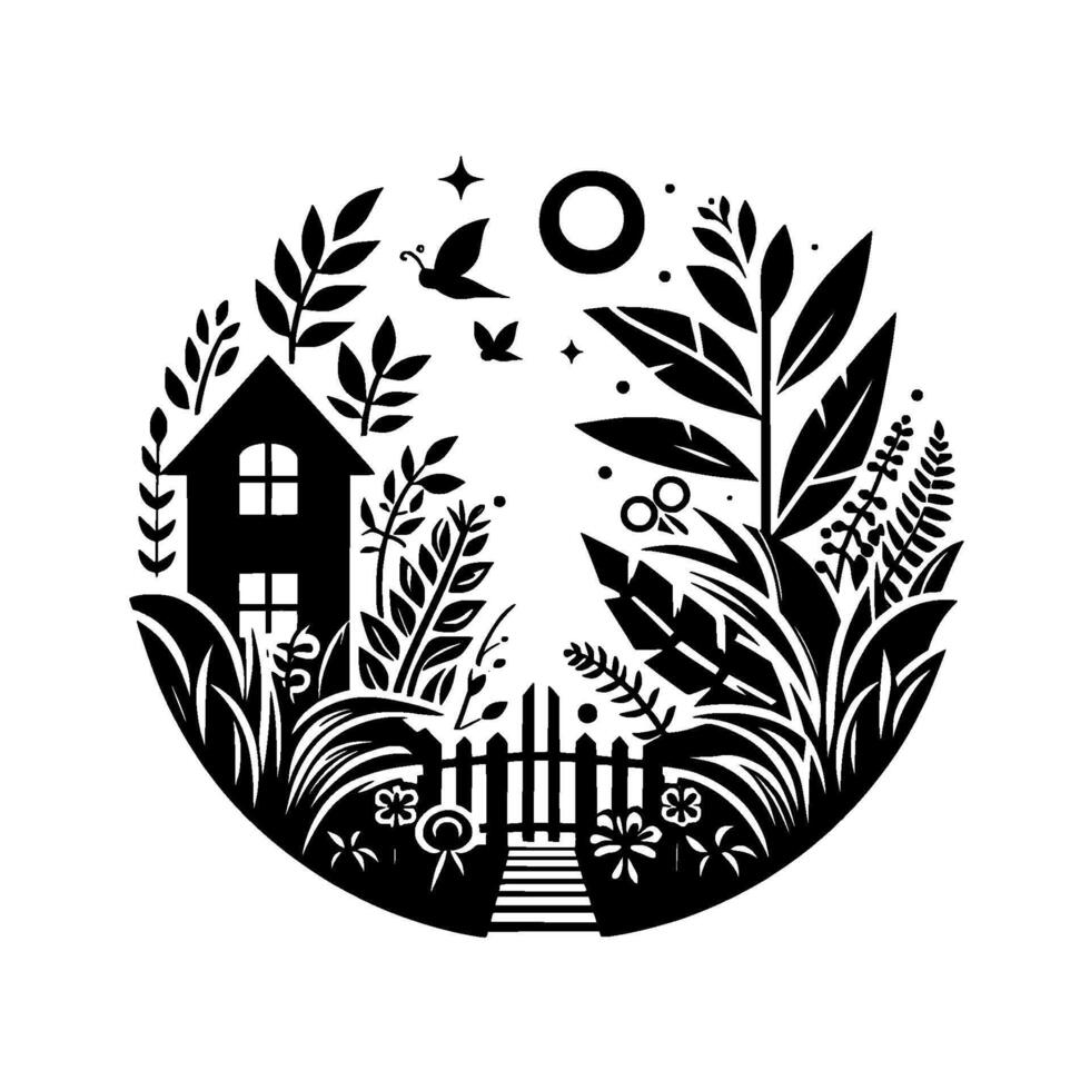 Whimsical Black and White Silhouette A Cozy Cottage Scene in a Circular Garden with Birds, Sun, Flowers, and Foliage. vector