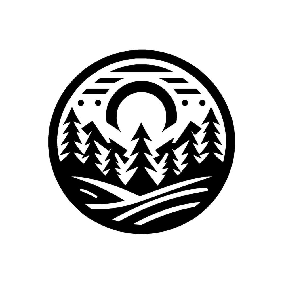 Monochromatic circular featuring stylized pine trees, a crescent moon, and rolling hills, symbolizing nature and the outdoors. vector