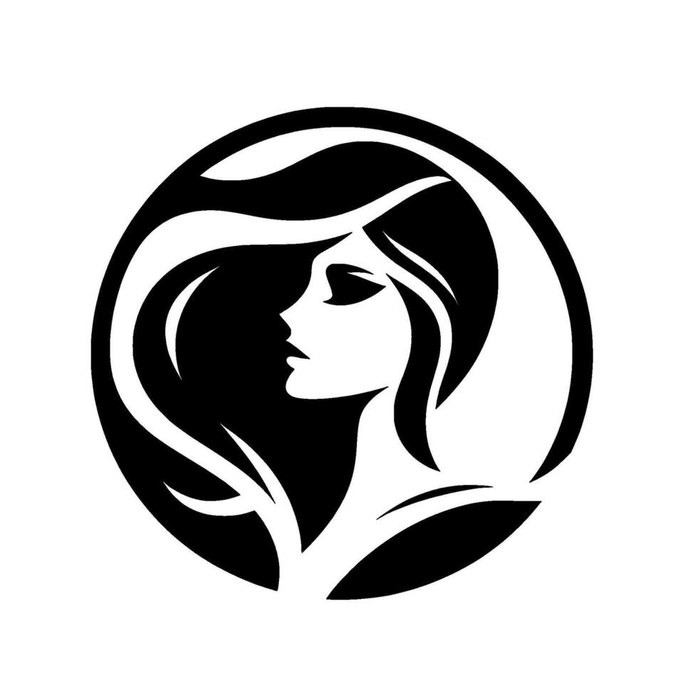 Elegant Black and White Silhouette of a Woman in a Circle, Featuring Flowing Hair, Refined Features, and Modern Design, Perfect for Beauty Logo. vector