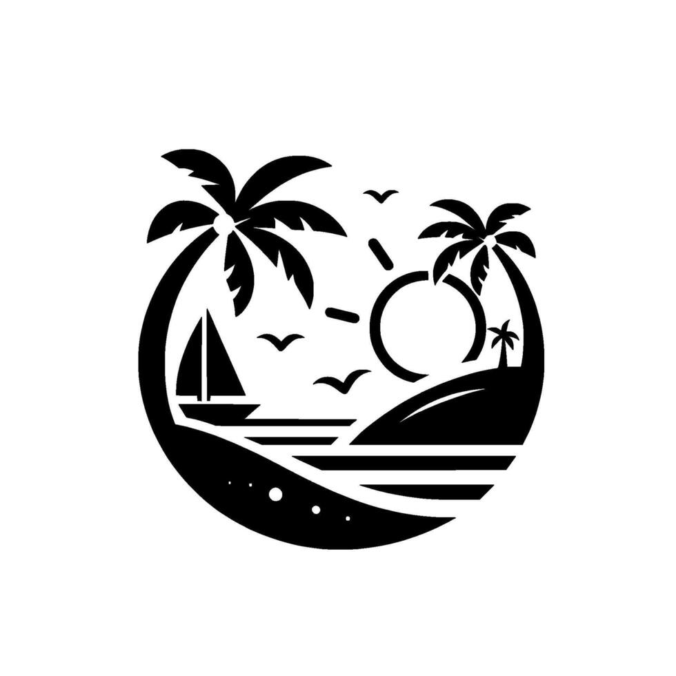 Circular black and white vacation illustration with sailboat, island, palm trees, sun, and birds. vector