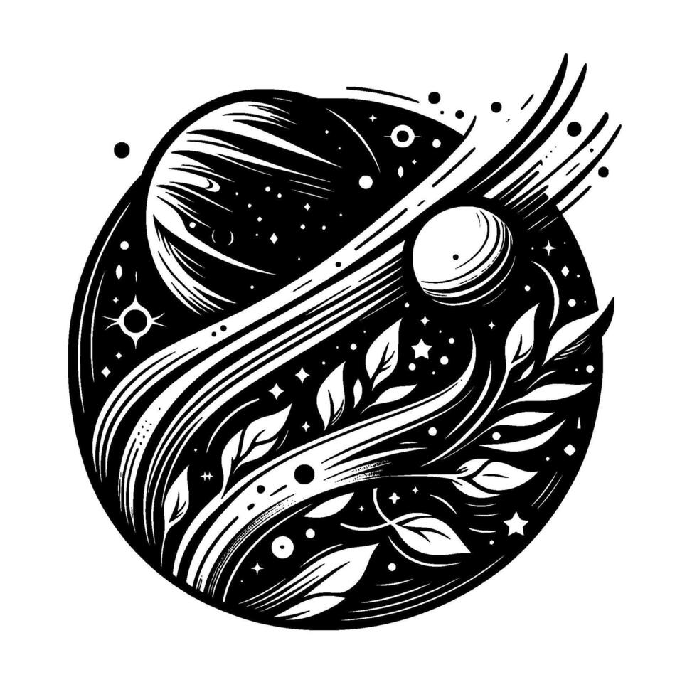 Celestial Garden A Black and White Illustration Depicting Planets, Stars, and Floral Vines in a Cosmic Orb, Exuding Harmony vector
