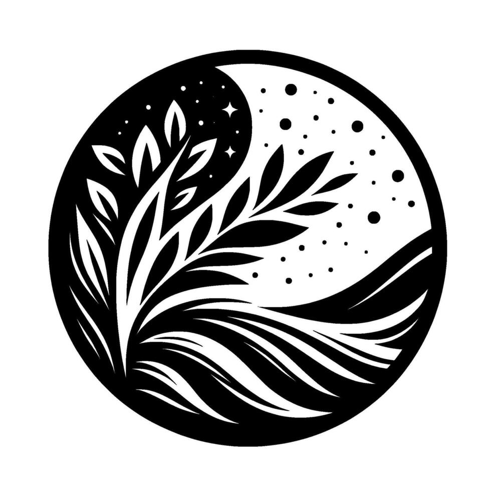 Intricate black and white circular art piece stylized plant life and celestial elements moon, stars, and flowing lines. vector
