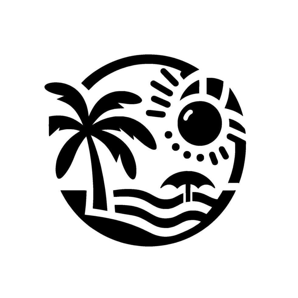 Monochrome Beach Scene Sun, Palm Tree, Waves, Umbrella, Circular Illustration, Minimalist Design. vector
