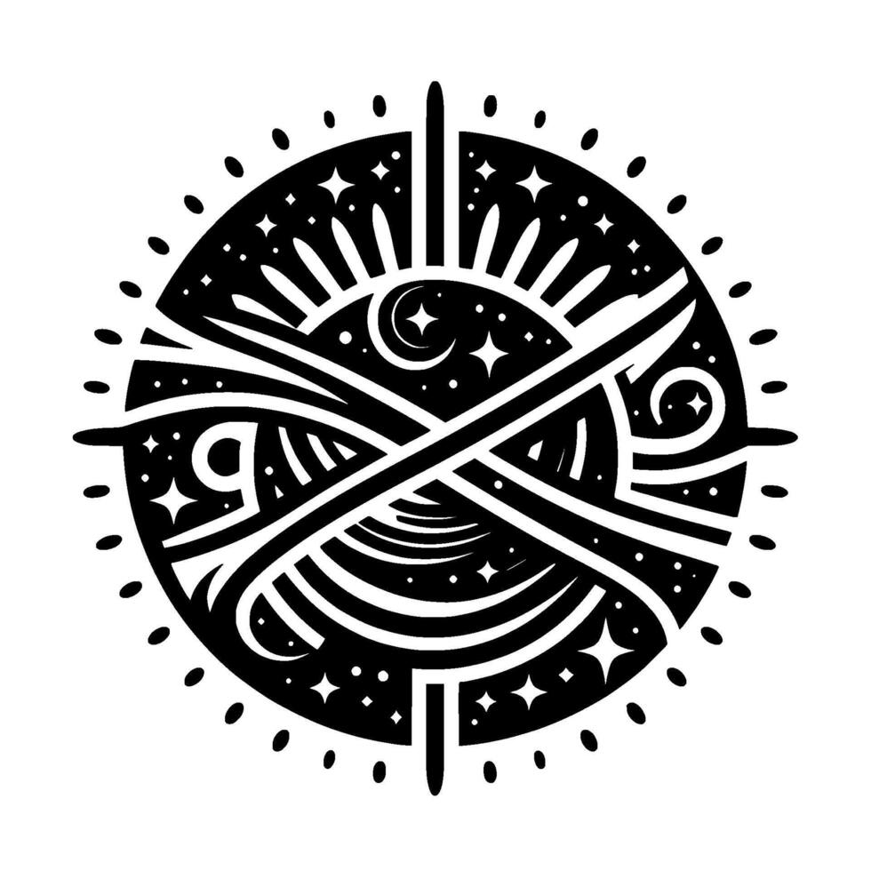Intricate Black and White Celestial Mandala with Stars, Moon, Sunbeams, and Interwoven Lines, on White Background. vector