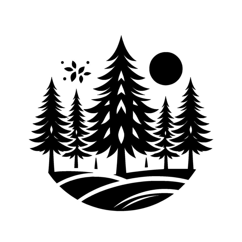 Stylized Monochrome Forest Scene Silhouette of Evergreen Trees, Sun, and Foliage within a Circular Frame. vector