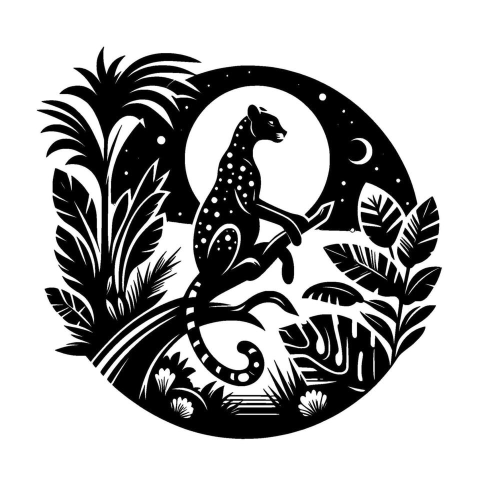 Silhouette of a leopard at night, perched on a tree limb, encircled by a glowing moon and lush tropical foliage. vector