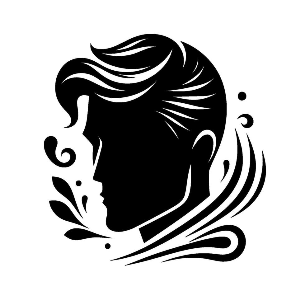 Elegant Black Silhouette of a Mans Head with Stylish Hair and Ornate Flowing Ornamental Elements, Isolated on White. vector