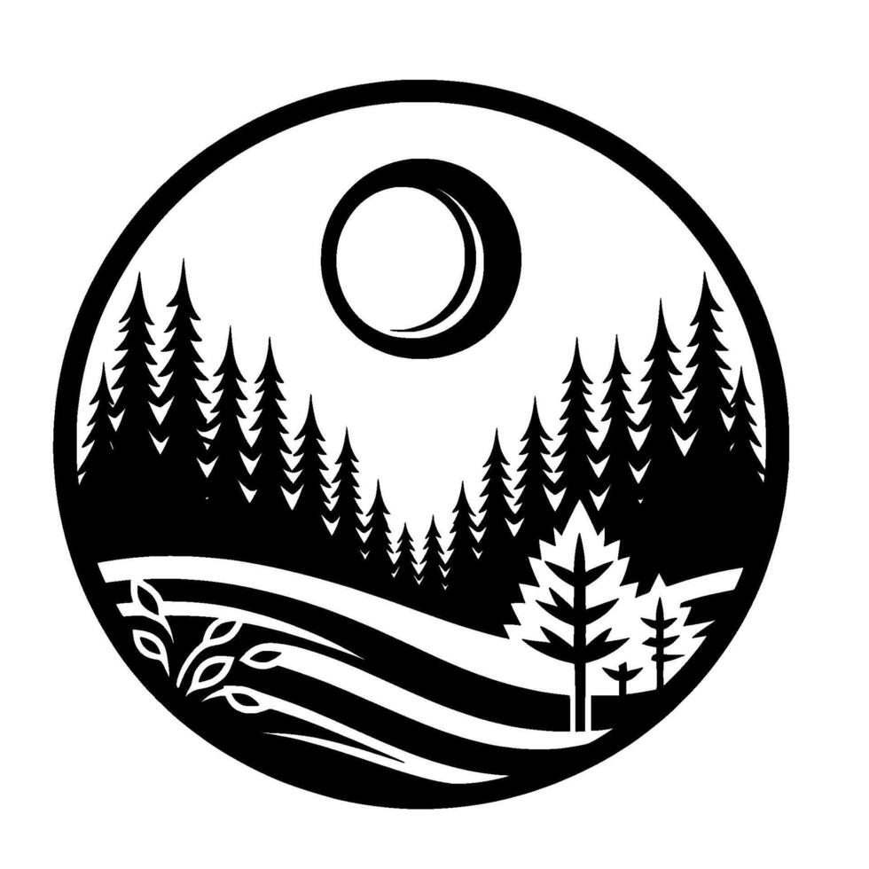 Black and white circular landscape featuring a crescent moon, forest silhouette, rolling hills, and minimalist vegetation. vector