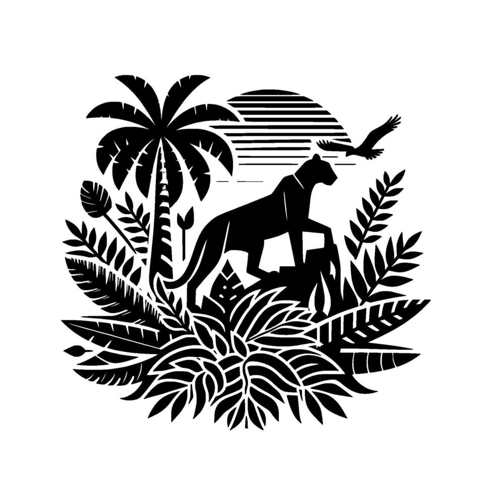 A stylized black and white illustration of a jaguar atop a rock, surrounded by tropical foliage, sunset, and a flying eagle. vector