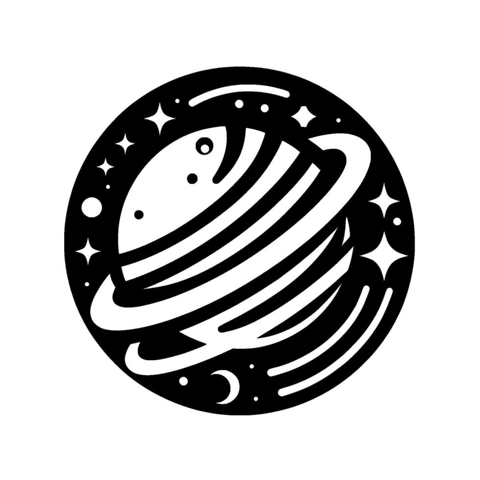 Stylized Black and White SpaceThemed Illustration Featuring a Planet with Ring, Stars, Crescent, and Circular Background. vector