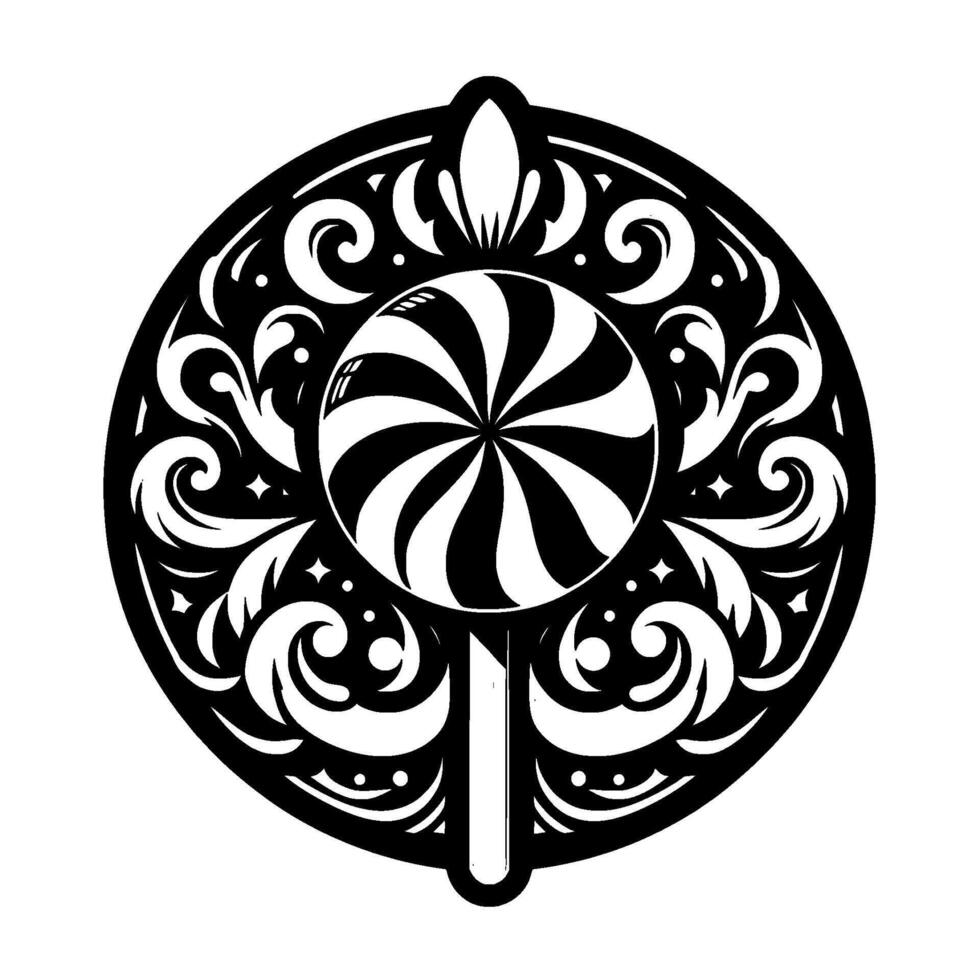 Black and White Swirled Lollipop Icon, Ornamented Circle Design, Candy Art on White Backdrop, Decorative Sweet Treat. vector