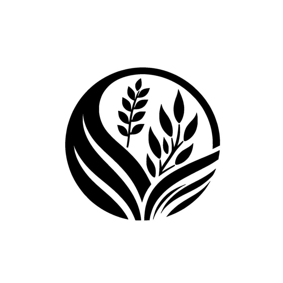 Simplified black and white featuring stylized plants and foliage within a circular frame, evoking natural elements. vector