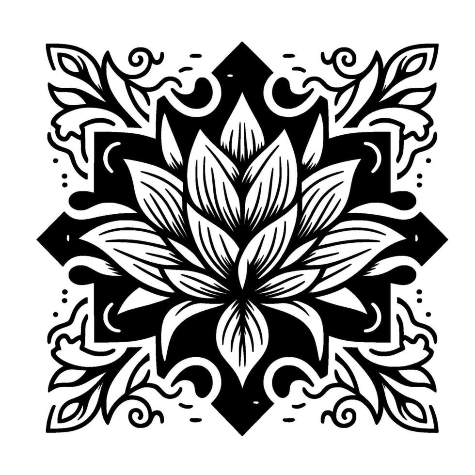 Intricate black and white floral mandala design, symmetrical composition with a central flower, surrounded by stylized leaves, curls, and geometric shapes on a white background. vector